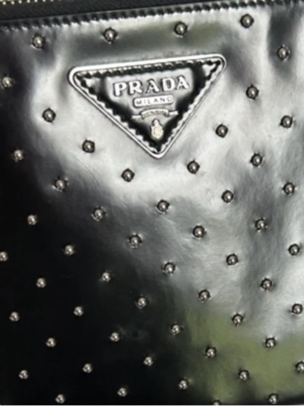 Prada Studded Leather Pochette Crossbody Bag Black Silver Studs Chain Strap